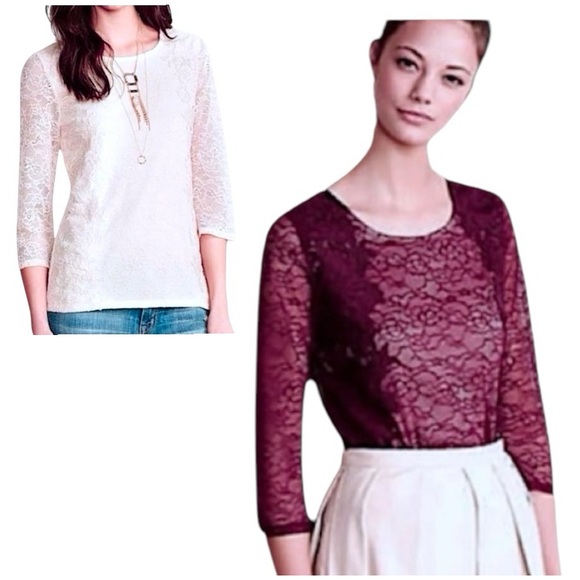 $148 Anthropologie Vintage Top Small 2 4 Wine Lace Overlay 3/4 Sleeve Mixed Lace - Picture 1 of 16